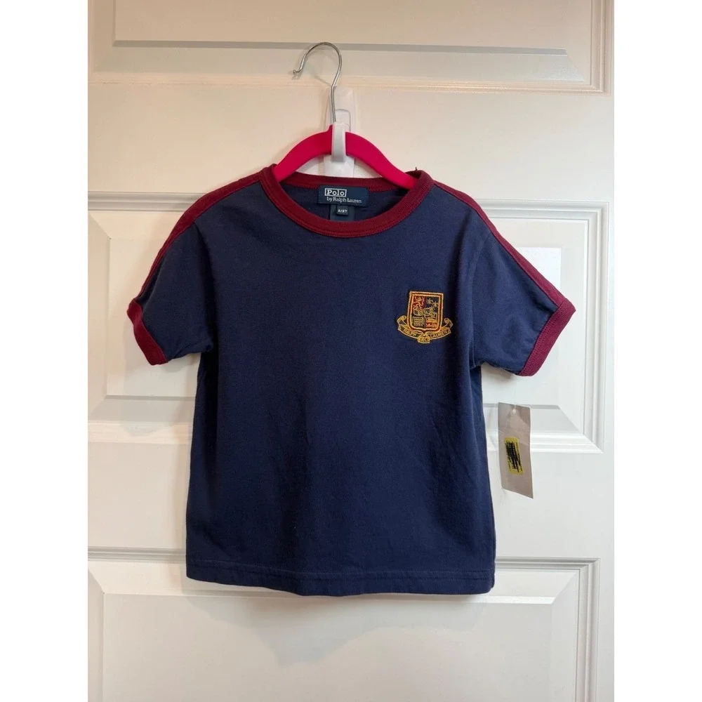 23.Polo Ralph Lauren Kids Navy Blue Burgundy Ringer Crest T-Shirt 2/2T NWT